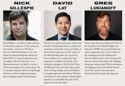 Soapbox Conference speakers showing Nick Gillespie, David Lat, and Greg Lukianoff